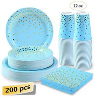 Blue and Gold Party Supplies 200Pcs Disposable Blue Paper Plates 12oz Cups Napkins Dinnerware Set Golden Dot Theme Party Baby Shower Boy Birthday, Serves 50