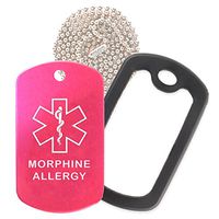 Morphine Medical Alert ID Necklace with Pink Hot Tag, Black Silencer, and 30'' USA Chain - 154 Color Choices