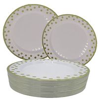 50 White and Gold 7.5" Appetizer/Dessert Plates Polka Dot Design Disposable Plastic Party Dinnerware.