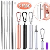 3 Pack Collapsible Reusable Metal Straw Whaline Portable Telescopic Drinking Straws Keychain with Stainless Steel Carrying Case, Cleaning Brush(Silver, Rose Gold, Black)