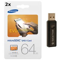 2-Pack Samsung Electronics 64GB = 128GB EVO Micro SDXC Upto 48MB/s Class 10 Memory Card (MB-MP64D) with SoCal Trade USB 2.0 Dual Slot MicroSD HC and SD HC Memory Card Reader
