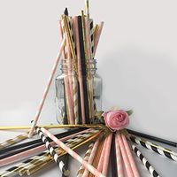 Youmewell Striped Pink Black and Gold Paper Drinking Straws for Baby Shower, Birthday Party, Wedding, 150 Pcs 7.75 Inches