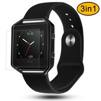 Fitbit Blaze Bands 3 in 1 Watch Wristband Strap Soft Silicone Replacement Protective Case Frame with Screen Protector Smart Fitness Watch Bracelet for Men Women Black