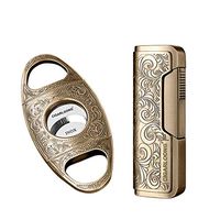 Cigar Cutter and Lighter Set Sharpening Blade Engraved Cigar Guillotine and Retro Carved Lighter(Color:Gold)