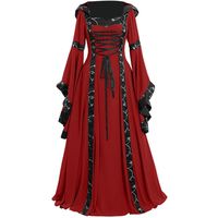 smallwoodi Christmas Dress,Christmas Costumes,Women Lace Up Long Sleeve Floor Length Medieval Dress Halloween Costume Hooded Square Collar Trumpet Sleeve Large Sleeve Dress Red XXXXXL