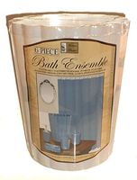 White 6 Piece Plastic Bathroom Set. Cup, Trash Container, Soap Dish, Soap/lotion Pump, Toothbrush Holder & Magnatized Shower Curtain Liner