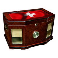 Large Premium Desktop Humidor - Glass Top - Flag of Switzerland (Swiss) - Waves Design - 300 Cigar Capacity - Cedar Lined with Two humidifiers & Large Front Mounted Hygrometer.