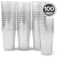 100 Silver Glitter Plastic Cups - 12oz Disposable Cup Set for Wedding or Party