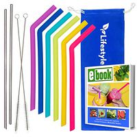 Large Diameter Silicone Straws with 2 Stainless Steel Straws – 6 Silicone Straws + 2 Metal Straws for Drinks – Top-Quality Dishwasher Safe, BPA Free, Smoothie Straws, Boba Straws with Case & Brush