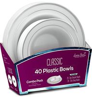Laura Stein Designer Dinnerware Set | 40 Disposable Plastic Party Bowls | White Wedding Bowl with Silver Rim | Set Includes 20 x 12 oz Soup Bowls + 20 x 5 oz Dessert Bowls | Classic Series