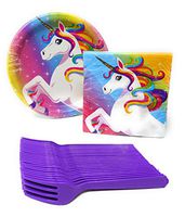 Unicorn Party Supplies Rainbow Disposable Dinnerware Set: Cake Paper Plates, Napkins and Forks