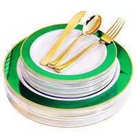 WDF30Guest Green Plastic Plates with Gold Rim&Disposable Gold Plastic Silverware-Premium Green And Gold Dinnerware for St.Patrick’s Day include 60Pieces Disaposable Plates,30 Forks,30 Knives,30 Spoons