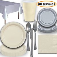 Disposable Party Supplies, Serves 40 - Cream and Silver - Large and Small Paper Plates, 12 oz Plastic Cups, Heavyweight Cutlery, Napkins, and Tablecloths. Full Two-Tone Tableware Set