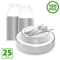 EcoEarth Silver Plastic Plates with Silverware & Disposable Cups Set (150 Piece Set), Plastic Dinnerware Set Includes 25 Dinner Plates, 25 Salad Plates, 25 Forks, 25 Knives, 25 Spoons, 25 Plastic Cups
