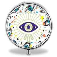 Pill Case Pocket, Round Stainless Medicine Tablet Pill case for Man Small, Compact 3 Compartment Pill Box for Travelling - Evil Eyes