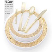 N9R 150PCS Gold Plastic Plates with Plastic Silverware for Parties Included 25 Plastic Dinner Plates 10.25”-25 Plastic Appetizer Plates 7.5”-25 Forks-25 Knives-25 Spoons with 25 Mini Forks