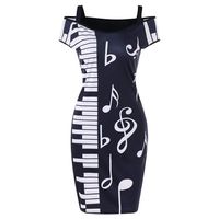 Women's Bodycon Dresses Music Note Printing Cold Shoulder Sling Pencil Mini Dress (L, Black)