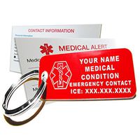 My Identity Doctor - Custom Engraved Medical Alert ID Keychain Tag, Plastic, Rectangle, Red, Small, 2.25 x .79 Inch