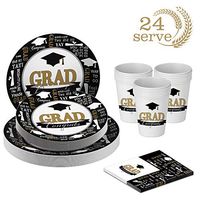 96PCS Graduation Party Supplies Disposable Dinnerware Set Dinner Paper Plates Graduation Party Plates Congrats Grad! Plates Napkins Cups Black Gold Decoration, Serves 24 Guests