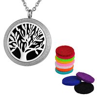 VALYRIA Aromatherapy Essential Oil Diffuser Necklace-Stainless Steel Tree of Life Locket Pendant,12 Refill Pads (Frosted-Engraving)