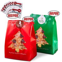 ORIY 100PSC Christmas Candy Bags and 102PSC Xmas seal stickers,Gift Treat Decorations for Party,Christmas Tree Design,Cellophane,Cookies,Snowflake,Biscuit,Holiday,Green