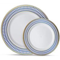 Laura Stein Designer Dinnerware Set of 32 Premium Plastic Wedding/Party Plates: White, Blue Rim, Gold Accents. Set Includes 16 10.75" Dinner Plates & 16 7.5” Salad Plates | Midnight Blue