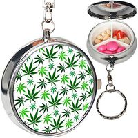 Portable Metal Pill Organizer Keychain Case Stash Box with 3 Compartments for Medicine Vitamin (Cannabis Marijuana Leaf)