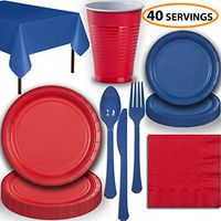 Disposable Party Supplies, Serves 40 - Red and Blue - Large and Small Paper Plates, 12 oz Plastic Cups, Heavyweight Cutlery, Napkins, and Tablecloths. Full Two-Tone Tableware Set