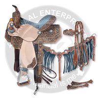 Manaal Enterprises Premium Leather Western Barrel Racing Adult Horse Saddle Tack, Matching Leather Headstall, Breast Collar, Reins, Size 14-18 Inches Seat Available (15'' Inches Seat, Saddle_08)