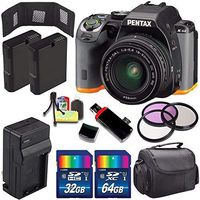 Pentax K-S2 DSLR Camera with 18-50mm Lens (Black/Orange) + Replacement Battery + External Charger + 32GB Card + 64GB Card + 58mm 3 Piece Filter Kit + Deluxe Accessory Kit Bundle