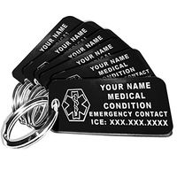 My Identity Doctor - Custom Engraved Medical Alert ID Keychain Tags, Small Black Plastic Rectangle, 2.25 x .79 Inch, 6 Pack