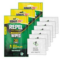 Repel 94144 Sportsmen 30% DEET Mosquito Repellent Wipes, 3 Packs of 20CT - 60 Total + Bonus Moist Towelettes