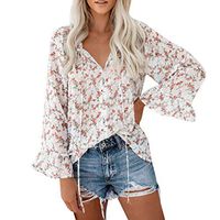 Emimarol Womens Shirts Off The Shoulder Tops Long Bell Sleeve Flared Casual Loose Blouses Shirts Blue