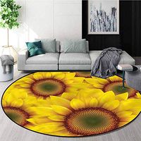 Yellow Washable Creative Modern Round Rug,Sun Flower Field in Summer Protect Floors While Securing Rug Making Vacuuming Diameter-35