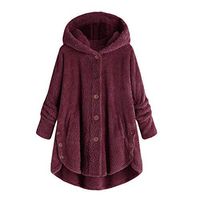 Ros1ock Women's Sweaters Fluffy Button Flannel Tops Hooded Irregular Hem Loose Coat Pullover Wine