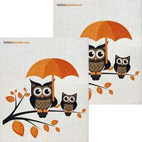 Owls with Umbrella Set of 2 Each Swedish Dishcloths | ECO Friendly Absorbent Cleaning Cloth | Reusable Cleaning Wipes