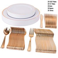 125 Disposable Plastic Tableware Set | 25 10” Dinner Plates, 25 7” Salad/Dessert Plate, 25 Forks, 25 Knives, 25 Spoons | Excellent for Weddings, Bridal Showers, Birthday Parties & More | Rose Gold