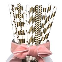 Retro Dark Gold Color Paper Straws, Mix Carious Assorted Design with Sailor Stripes, Slope Striped, Stars, Chevron, Total 100 Count