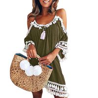 JQjian Women Fashion Off Shoulder Dress Tassel Short Sleeve Cocktail Party Beach Dresses Sundress (M, Army Green)