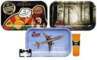 RAW Rolling Tray Small (Brazil, Flight, Smokey Forest), Hippie Butler Magnifying Scoop Card, and Hippie Butler Pop Top Storage Container - 5 Items - Bundle