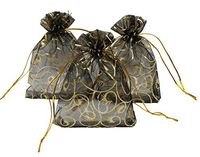 Ankirol 100pcs Eyelash Organza Wedding Favor Bags Luxury Jewelry Candy Gift Card Bags with Gold Line Drawstring Pouches (Black, 4x6)