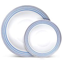 Laura Stein Designer Dinnerware Set | 64 Disposable Plastic Party Bowls | White Wedding Bowl with Blue Rim & Silver Accents | Set Includes 32 x 12 oz Soup Bowls + 32 x 5 oz Dessert Bowls | Midnight Bl