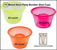 75 count Assorted Neon Bomber Shot Cups w/Signature Party Picks