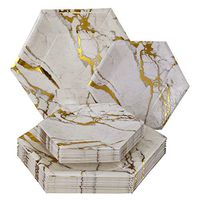 PARTY DISPOSABLE 36 PC DINNERWARE SET | 18 Dinner Plates | 18 Side Plates | Heavyweight Paper Plates | Hexagon Design | for Upscale Wedding and Dining (Marble Collection – Gold)