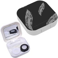 Portable Contact Lens Case Box Travel Kit Mirror + Bottle + Tweezers Container Holder [ Greyscale Feather On Dark ]