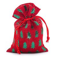 Set of 12 Christmas Red Faux Burlap Gift Bags - 4" x 6" - Metallic Green Pine Trees Design - Drawstring Jewelry Pouches - Holiday Pattern Print - Winter Wedding Party Treat Favor Sacks