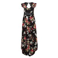 Danhjin Women Deep V Neck Summer Floral Flower Sexy Backless Irregular Swallowtail Maxi Skirt Sweet Print Asymmertrical Dress Black