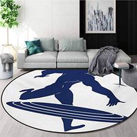 Superhero Modern Machine Washable Round Bath Mat,Muscle Man Hero Throws His Frisbee Muscular Silhouette Disc Sports Theme Non-Slip Living Room Soft Floor Mat,Diameter-47 Inch