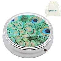 Round Silver Pretty Pill Box - Classy Pill case Decorative Boxes for Purse - 3 Compartments Pocket Medicine Tablet Organizer Case - Travel Pill Vitamin Holder (Peacock Feather)