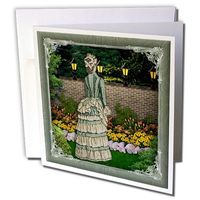 3dRose Victorian Lady in the garden with lamp poles lit and pretty frame - Greeting Cards, 6 x 6 inches, set of 12 (gc_167137_2)